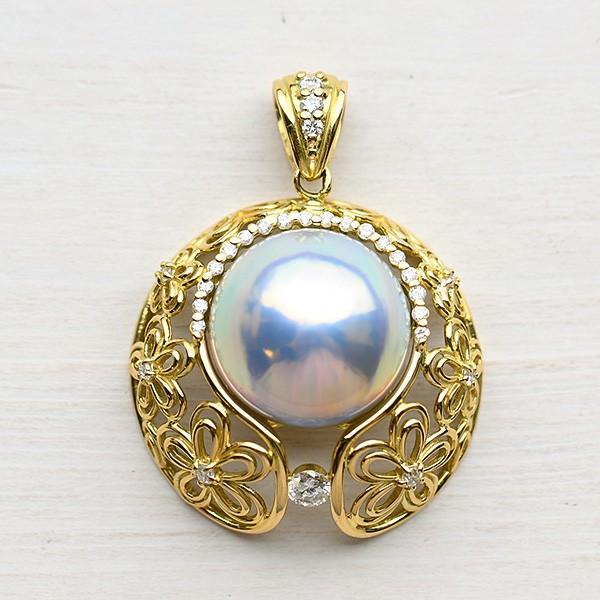 ブルーマベ真珠 ダイヤモンド K18YG ペンダントトップ 特級日本産マベ