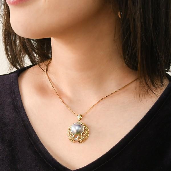 ブルーマベ真珠 ダイヤモンド K18YG ペンダントトップ 特級日本産マベ