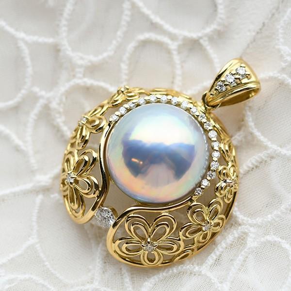 ブルーマベ真珠 ダイヤモンド K18YG ペンダントトップ 特級日本産マベ