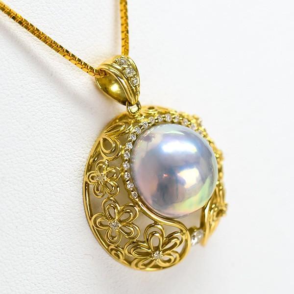 ブルーマベ真珠 ダイヤモンド K18YG ペンダントトップ 特級日本産マベ