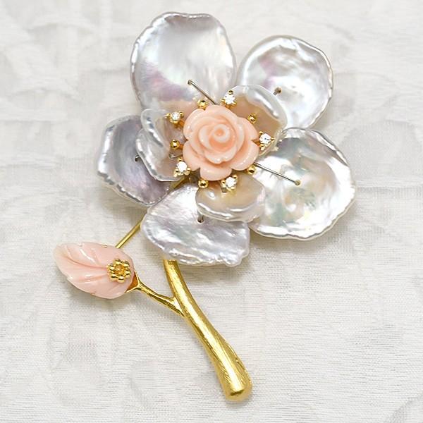 バロック 淡水真珠 フラワー ブローチ 虹色光沢華やかな大輪の花 