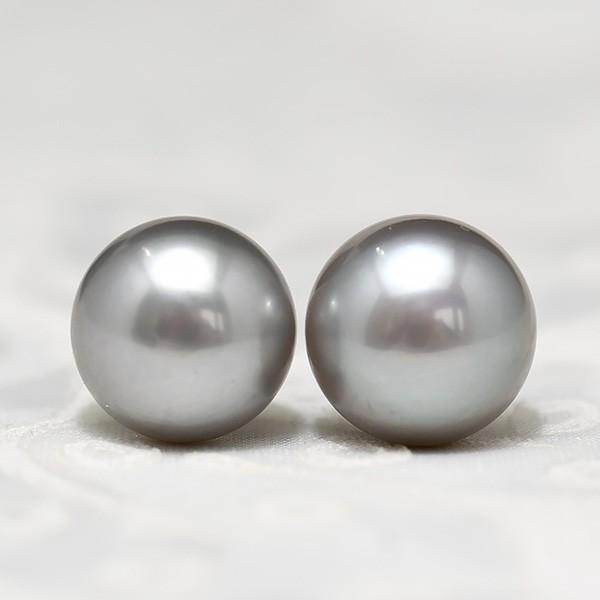 13mm 特大 グレー ボタン 淡水真珠 ピアス/イヤリング 存在感