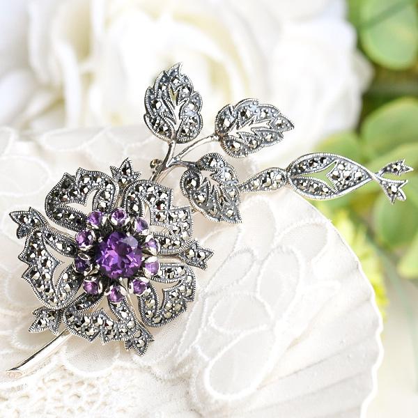 碌山 アメジストフラワーブローチ 圧倒的ゴージャス 高貴な紫の輝き 母