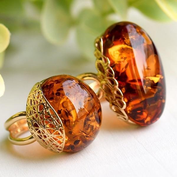 琥珀 フリーサイズ リング きらきらグリッターきらめく とろりとしたコニャックアンバー　メール便不可