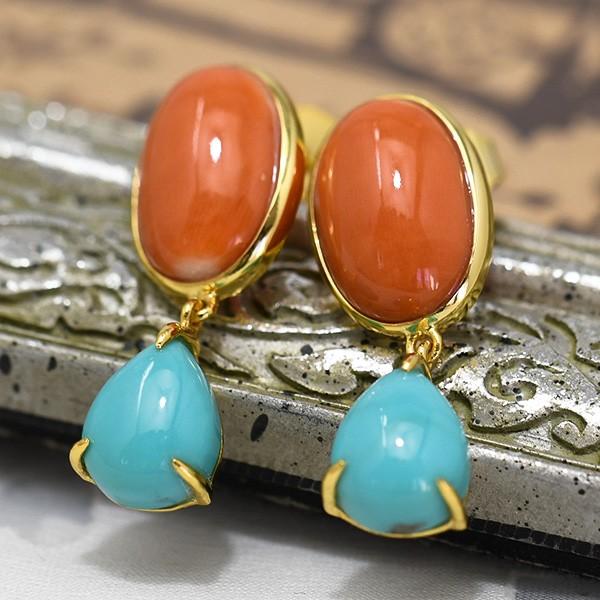 【NEW】 チベットターコイズとラピスラズリと珊瑚のピアス 珊瑚 ＆ ターコイズ ピアス/イヤリング 大粒コーラルと
