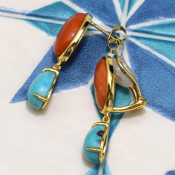 【NEW】 チベットターコイズとラピスラズリと珊瑚のピアス 珊瑚 ＆ ターコイズ ピアス/イヤリング 大粒コーラルと