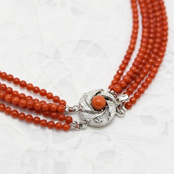 地中海 赤珊瑚 5連 ネックレス 鮮やかな赤がピリッと効く 胡渡珊瑚