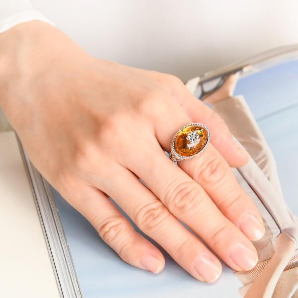 碌山 リトアニア産 琥珀 アラベスク リング 大粒アンバーのゴージャス