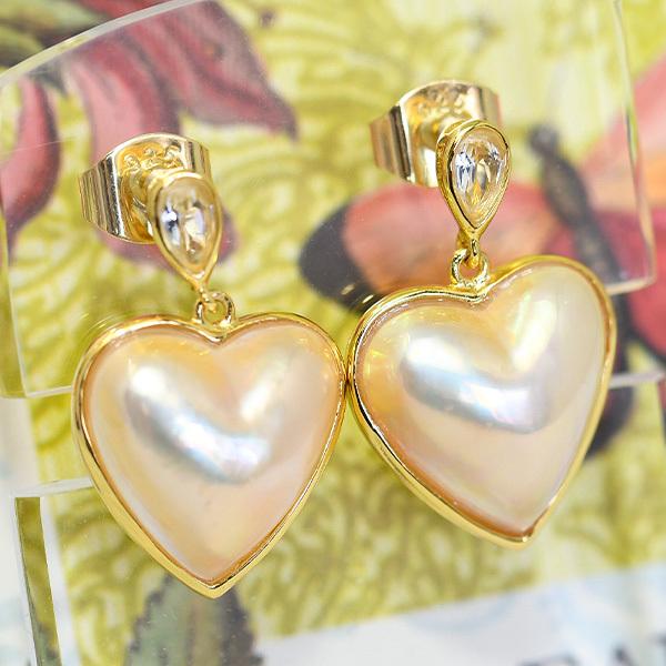 14mm ゴールド マベ真珠 ホワイトトパーズ ハート ピアス 華やかな