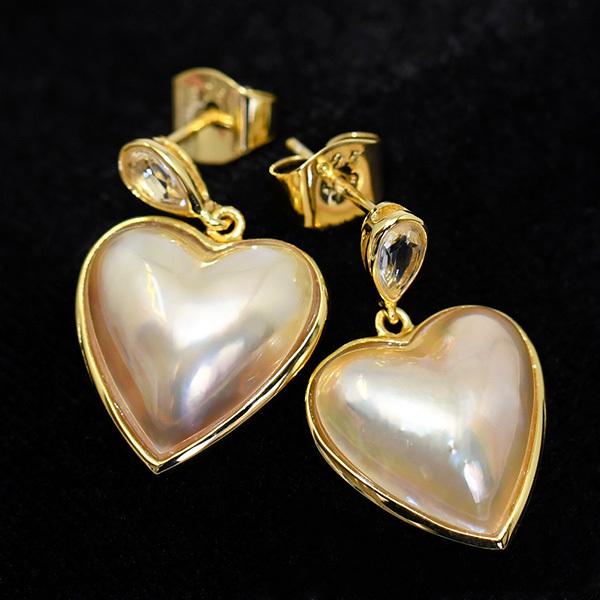 14mm ゴールド マベ真珠 ホワイトトパーズ ハート ピアス 華やかな