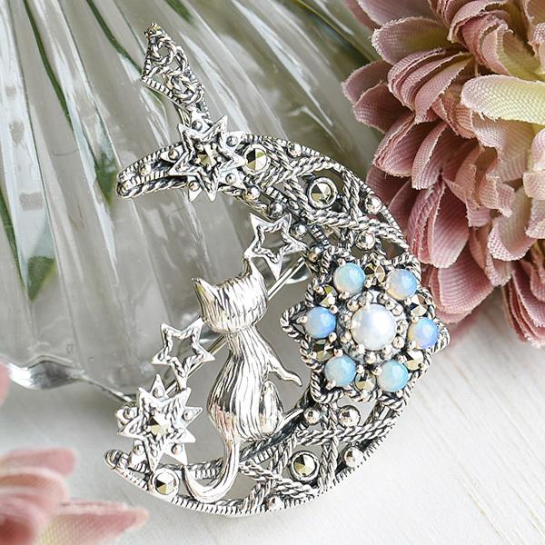 碌山 オパール 月と星 猫 ブローチペンダント 星を見上げるネコが