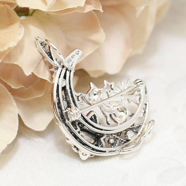 碌山 オパール 月と星 猫 ブローチペンダント 星を見上げるネコが