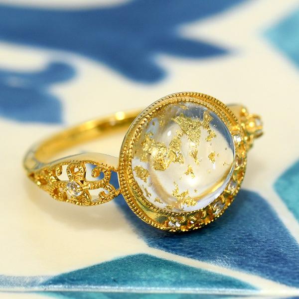 碌山 金箔 クリスタル ムーン リング うるうる水晶にきらめく 碌山 金箔 クリスタル ムーン リング うるうる水晶にきらめく