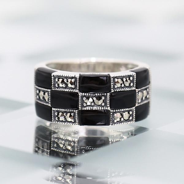 碌山 オニキス マルカジット リング シックなモノトーンチェック 市松