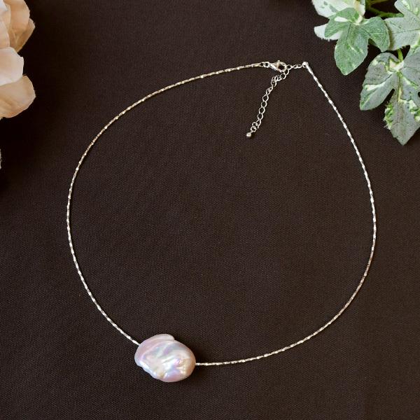 特大 メタリック バロックパール カットツイストオメガネックレス 虹色 