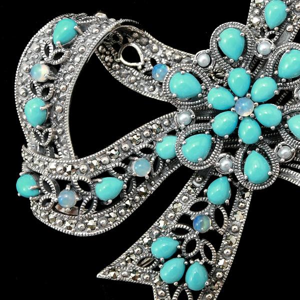 碌山 ターコイズ オパール リボン ブローチ ゴージャスで美しい