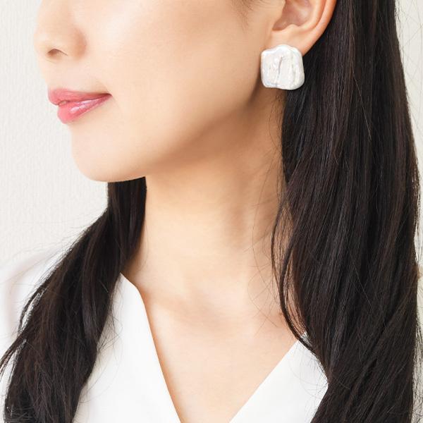 ホワイト レクタングル パール 20mm 淡水真珠 ピアス イヤリング K18