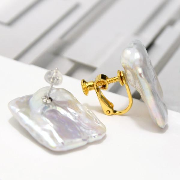 ホワイト レクタングル パール 20mm 淡水真珠 ピアス イヤリング K18 