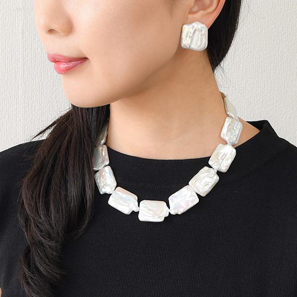 淡水真珠　ネックレス　パールネックレス　スクエア　綺麗な石 特大 ホワイト レクタングル パール 淡水真珠 ネックレス