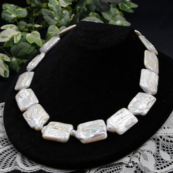 淡水真珠　ネックレス　パールネックレス　スクエア　綺麗な石 特大 ホワイト レクタングル パール 淡水真珠 ネックレス