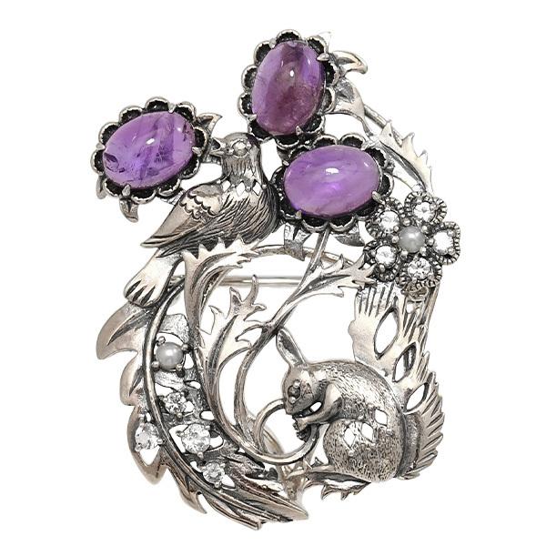 デザイン アメジスト ブローチ ペンダント 碌山 ウィリアムモリス リスとナイチンゲール アメジスト