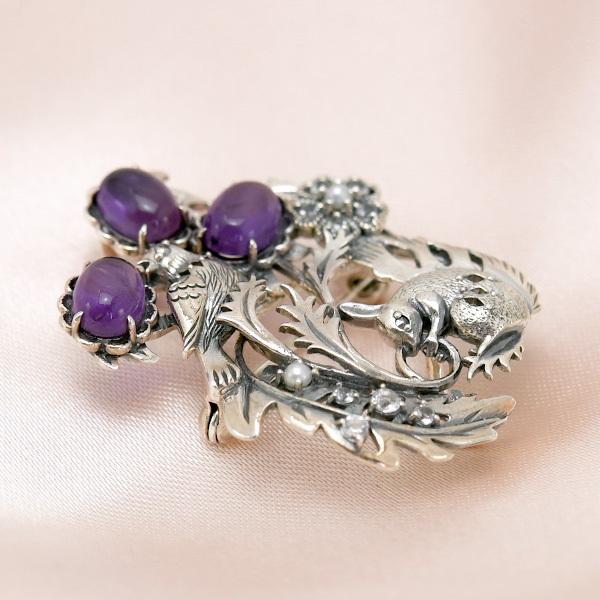 デザイン アメジスト ブローチ ペンダント 碌山 ウィリアムモリス リスとナイチンゲール アメジスト