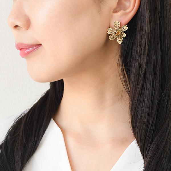 碌山 コニャッククォーツ & マルカジット フラワー ピアス イヤリング
