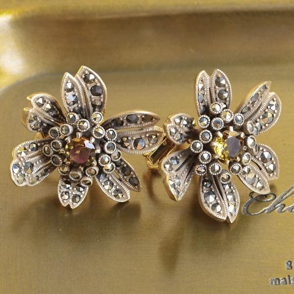 碌山 コニャッククォーツ & マルカジット フラワー ピアス イヤリング