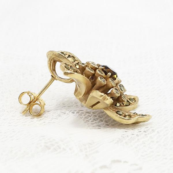 碌山 コニャッククォーツ & マルカジット フラワー ピアス イヤリング