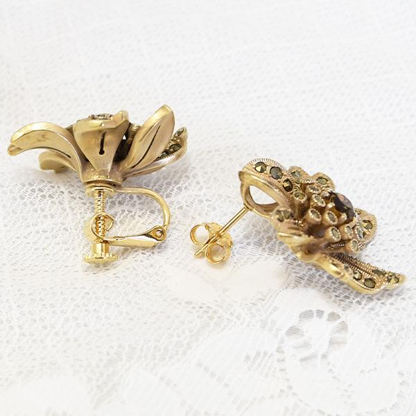 碌山 コニャッククォーツ & マルカジット フラワー ピアス イヤリング