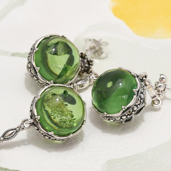 碌山×ルコリエ 限定オリジナル グリーンアンバー ピアス イヤリング 
