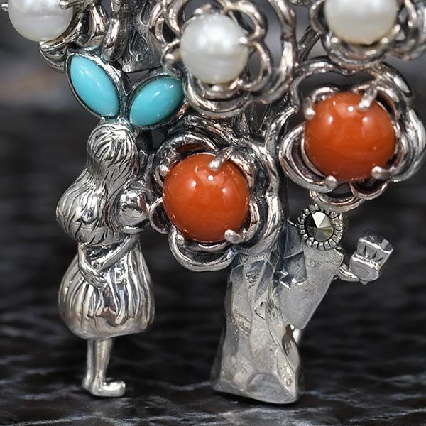 碌山 不思議の国のアリス 薔薇 ブローチペンダント 珊瑚 ターコイズ