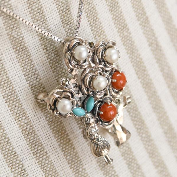 碌山 不思議の国のアリス 薔薇 ブローチペンダント 珊瑚 ターコイズ