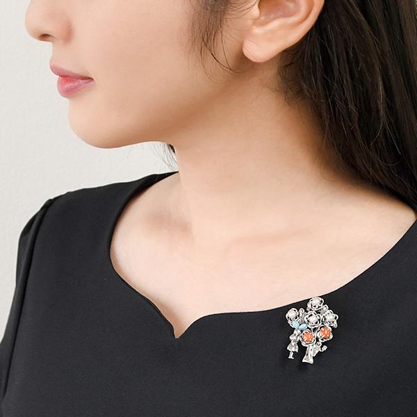 碌山 不思議の国のアリス 薔薇 ブローチペンダント 珊瑚 ターコイズ