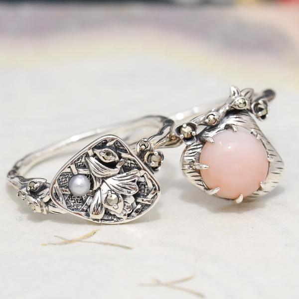 碌山 しのぶれど 貝合わせ ピンクオパール リング 2本 セット　重ね着けがしい 雅な和デザイン 貝覆い RP 204R1019-TY