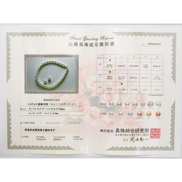 K14WG 15mm 白蝶真珠 ネックレス ピアス/イヤリング セット 鑑別 K14WG 15mm 白蝶真珠 ネックレス ピアス/イヤリング セット 鑑別