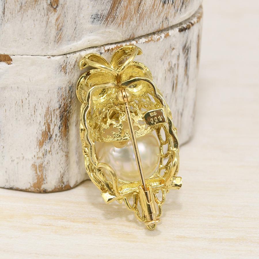 K18YG 白蝶真珠 ダイヤモンド ふくろう ブローチ ペンダント 気品漂う  