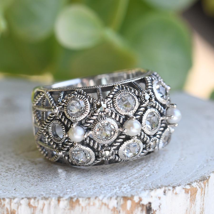 碌山 淡水真珠 ホワイトトパーズ リング フェミニンなマトラッセ