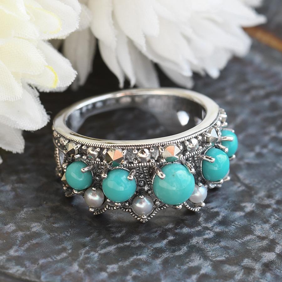 碌山 ターコイズ 淡水真珠 リング 高級レースのようなロマンティックで