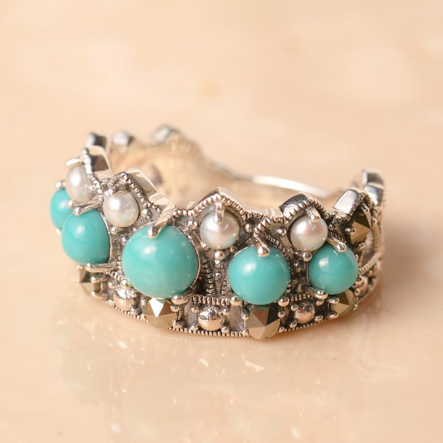 碌山 ターコイズ 淡水真珠 リング 高級レースのようなロマンティックで