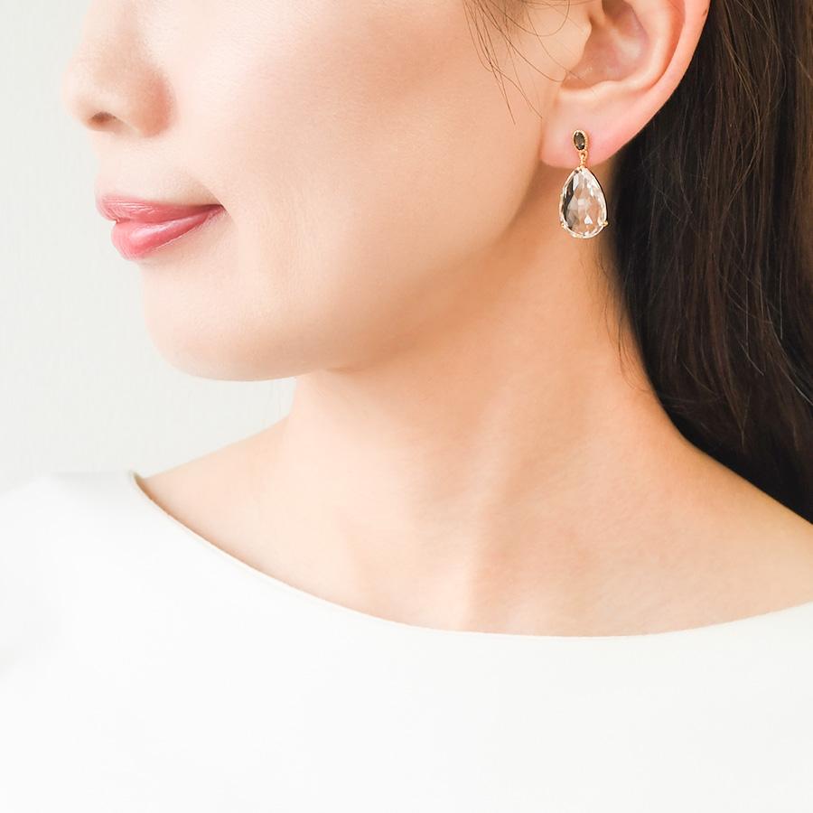 ペアシェイプ カット クリスタル スモーキークォーツ ピアス キラキラ