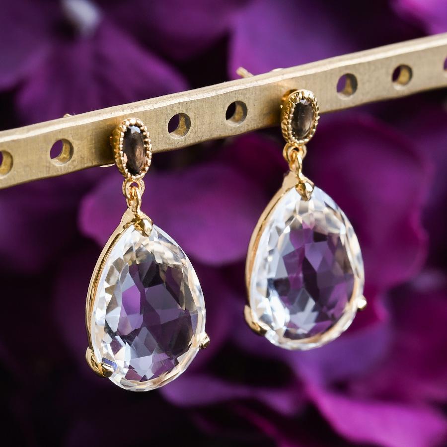 ペアシェイプ カット クリスタル スモーキークォーツ ピアス キラキラ