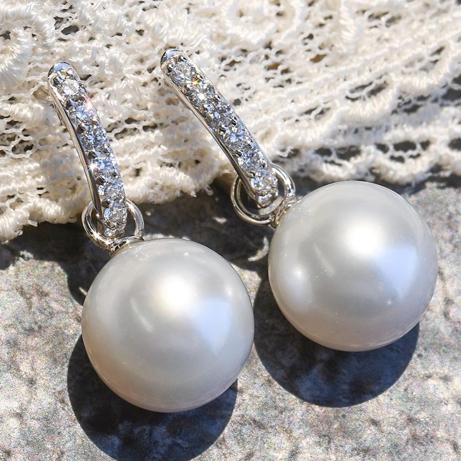 K14WG ダイヤモンド 11mm 白蝶真珠 フープピアス 気品あふれる  