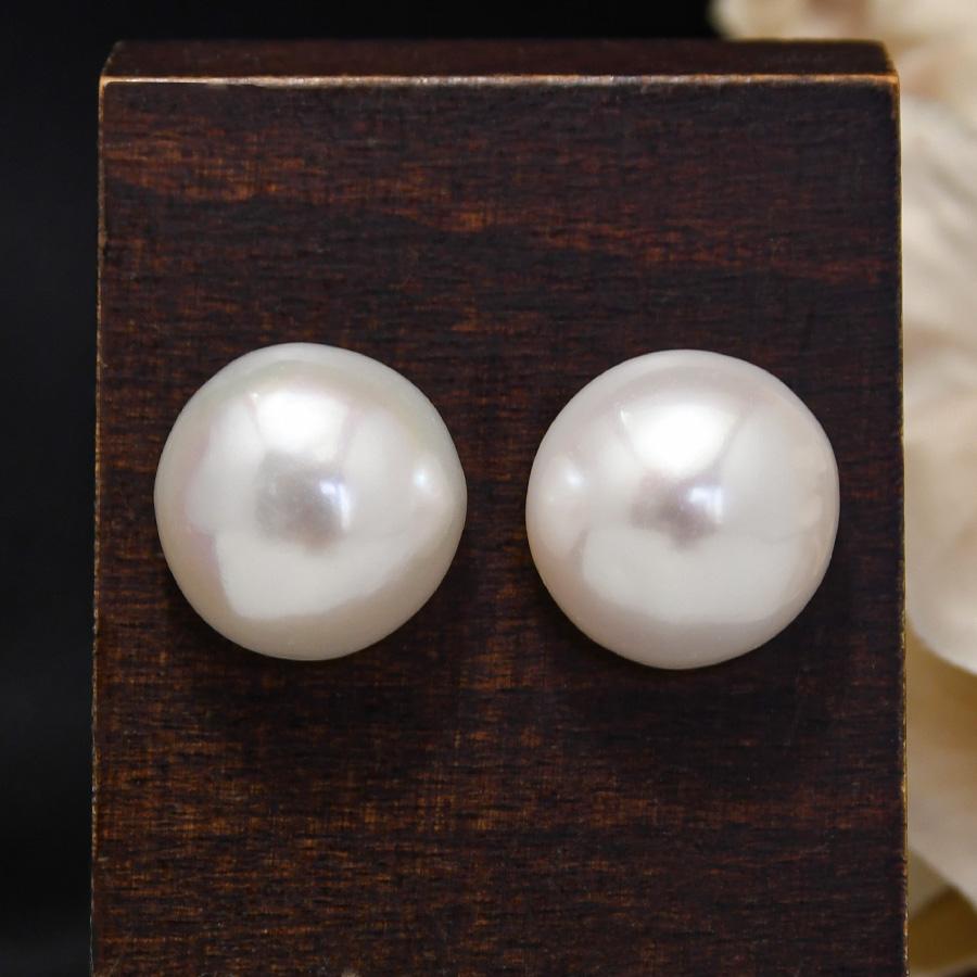 15mm 淡水真珠 ピアス イヤリング K14GF マベ メタリックに輝く存在感