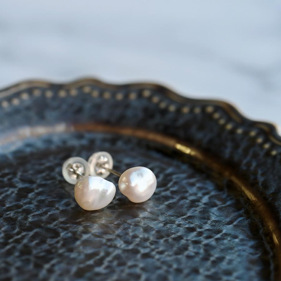 ミント淡水バロックパール ホワイト s925お花ピアスBL725 ミント淡水