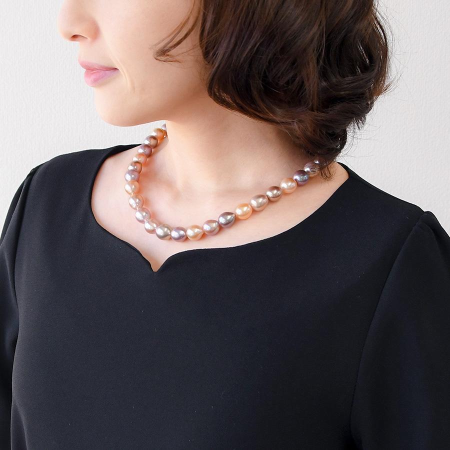 マルチカラー 11mm バロック 淡水真珠 ネックレス ナチュラルカラー