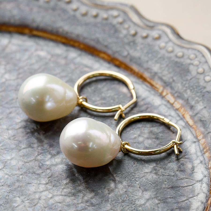 ドロップ淡水真珠 K14YG フープ ピアス 雫がこぼれるように優雅に  