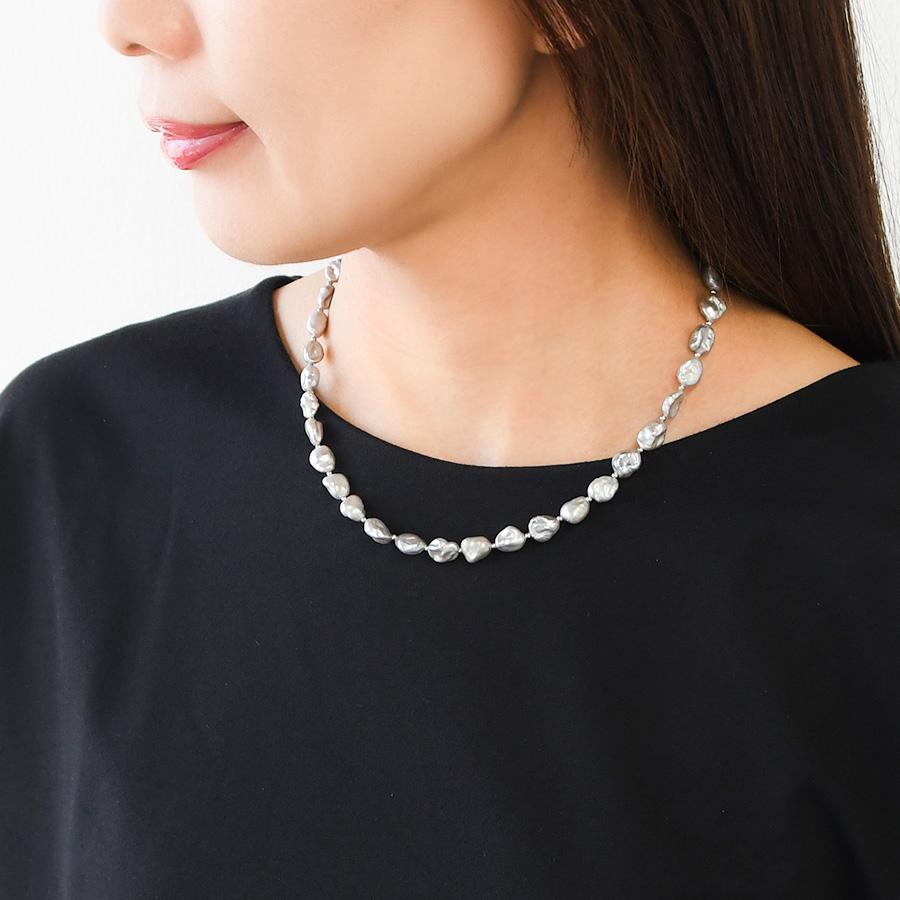 グレー ケシ バロックパール ネックレス 上品シルバーグレー 淡水真珠