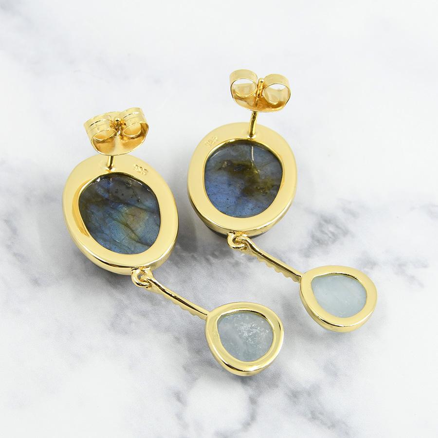 ラブラドライト アクアマリン ピアス 揺れる神秘的なオーロラブルー