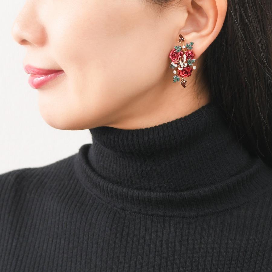 薔薇 ブーケ バタフライ ローズレッド ピアス イヤリング 蝶 KA18
